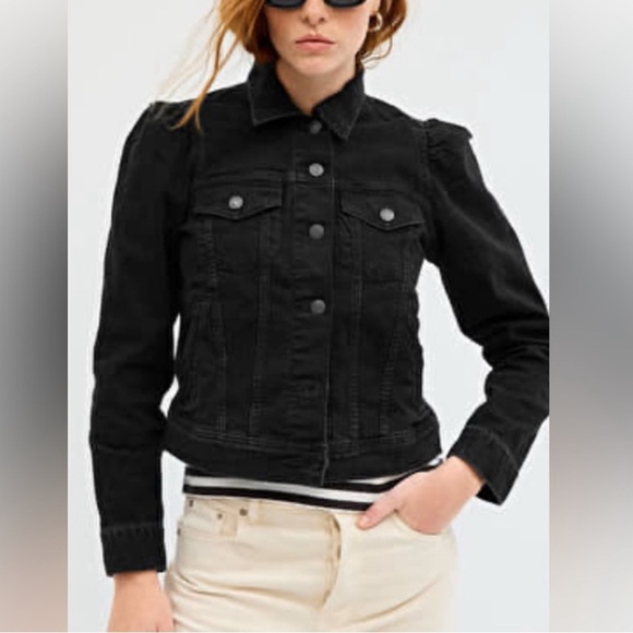 GAP PUFF SLEEVE BLACK DENIM JACKET, Size Small - Picture 1 of 9